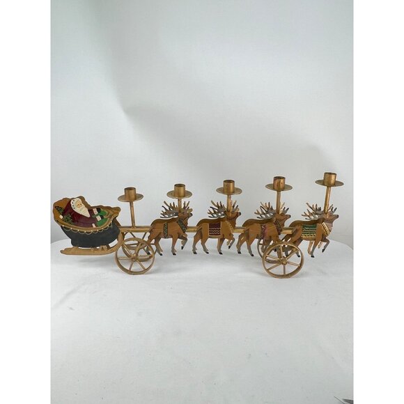VTG Santa Sleigh Reindeer Metal Candle Holder Decor Centerpiece Mantel - Picture 5 of 11